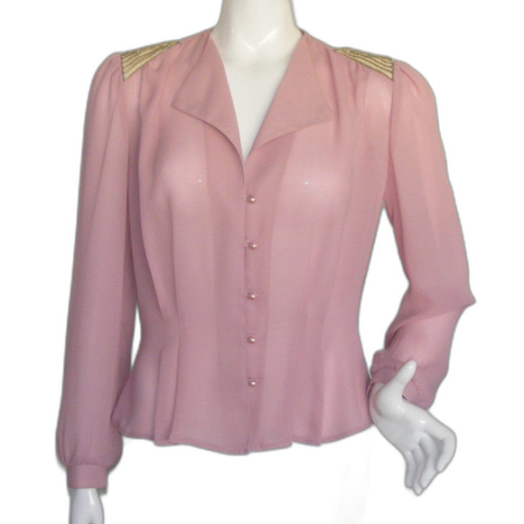 Vintage Blouse, M, Pink, Sequin statement Shoulders, Long sleeve, button front - Picture 1 of 11